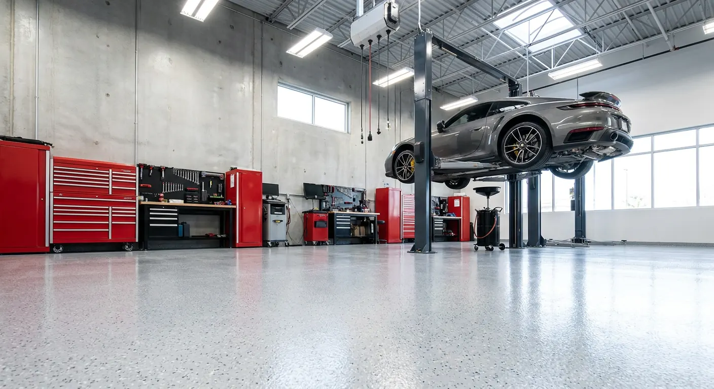 Glossy epoxy flake floor in an automotive service bay