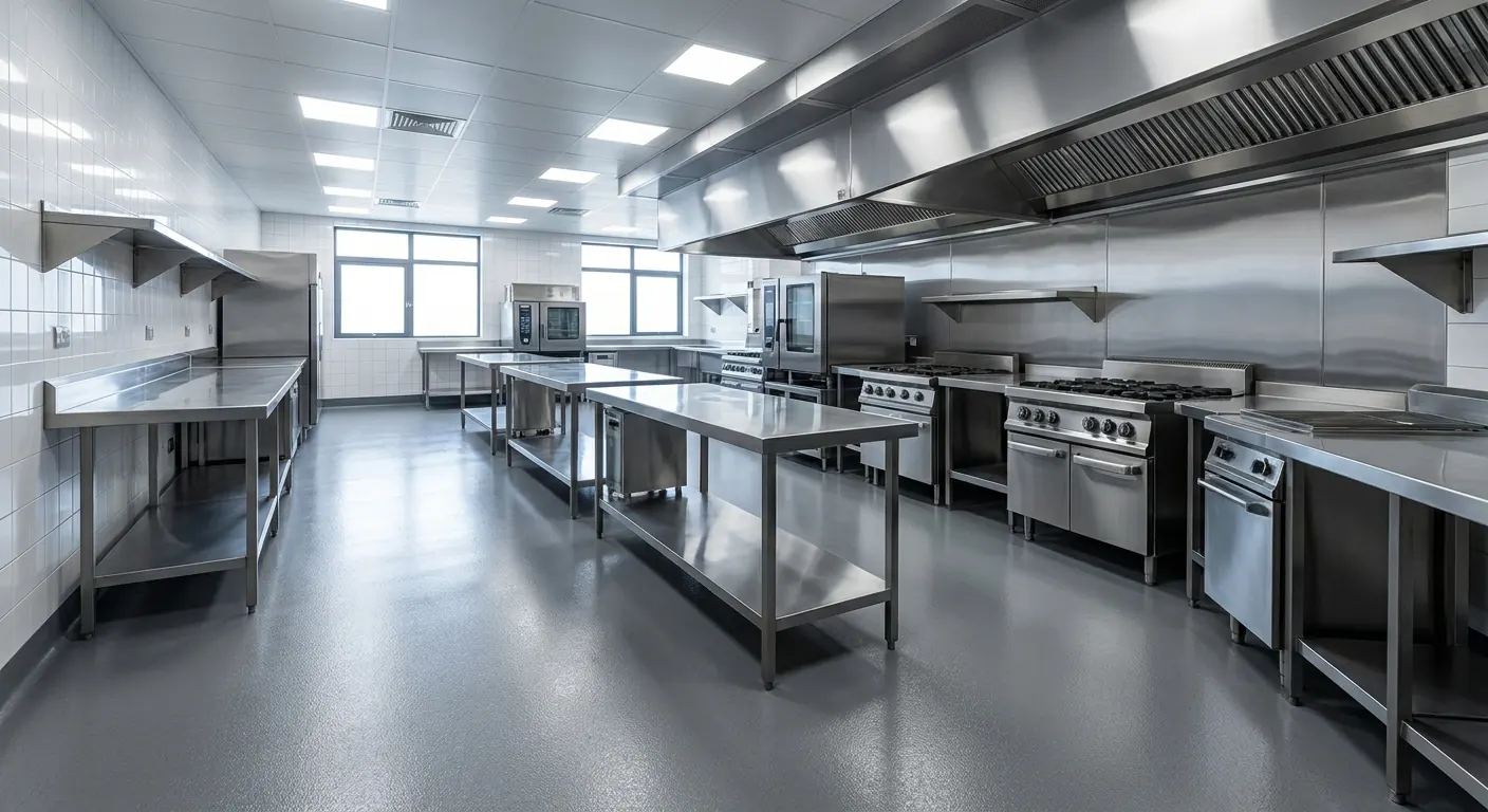 Seamless food-safe epoxy flooring installed in a commercial restaurant kitchen