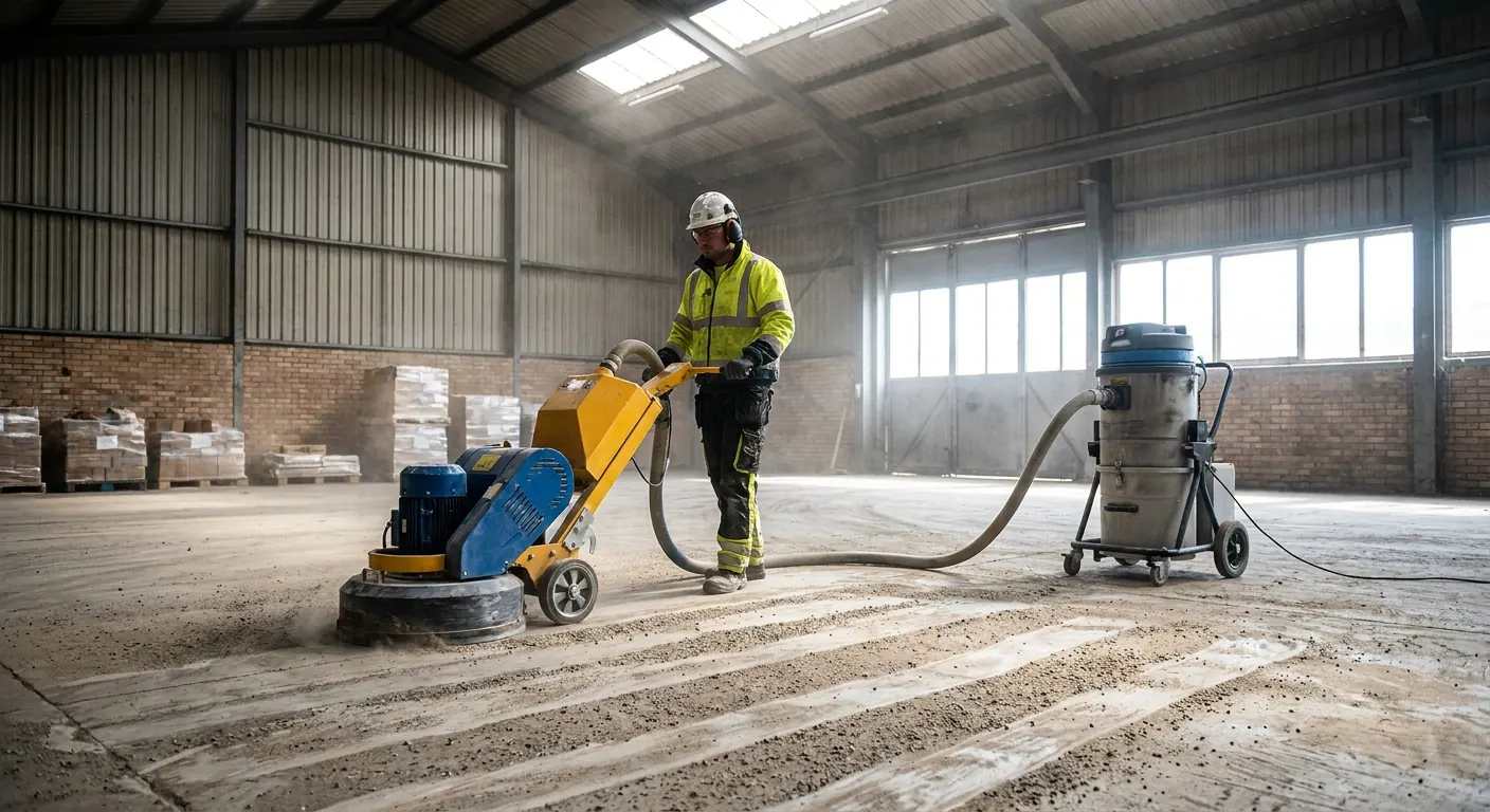 Diamond grinding a concrete floor during epoxy surface preparation