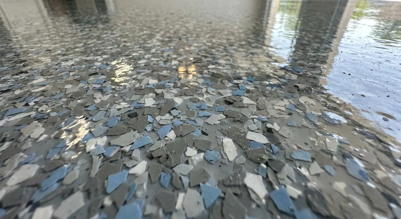 Close-up of a finished decorative epoxy flake floor with clear topcoat