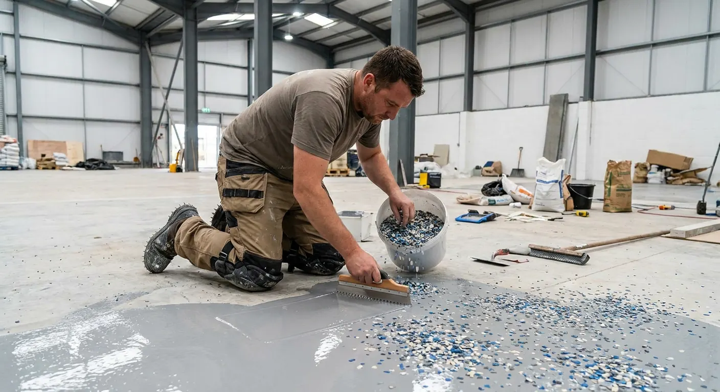 Flooring installer spreading epoxy resin with a squeegee on a concrete floor