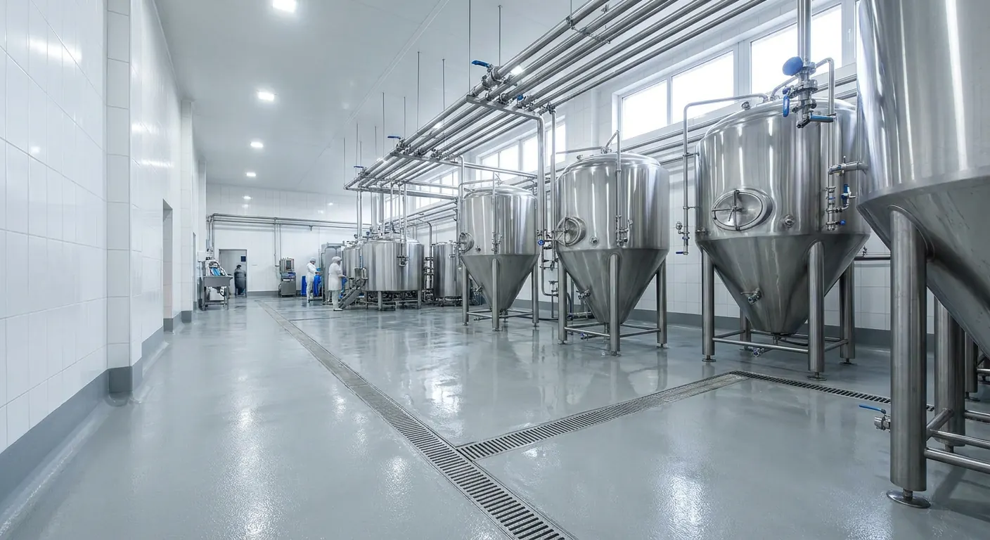 Hygienic urethane-cement epoxy floor in a food and beverage processing facility