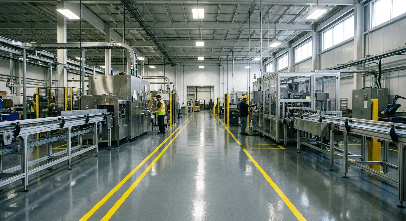 Durable epoxy-coated floor with safety striping in a manufacturing plant