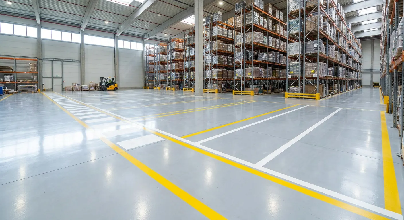Epoxy warehouse floor with OSHA safety line striping