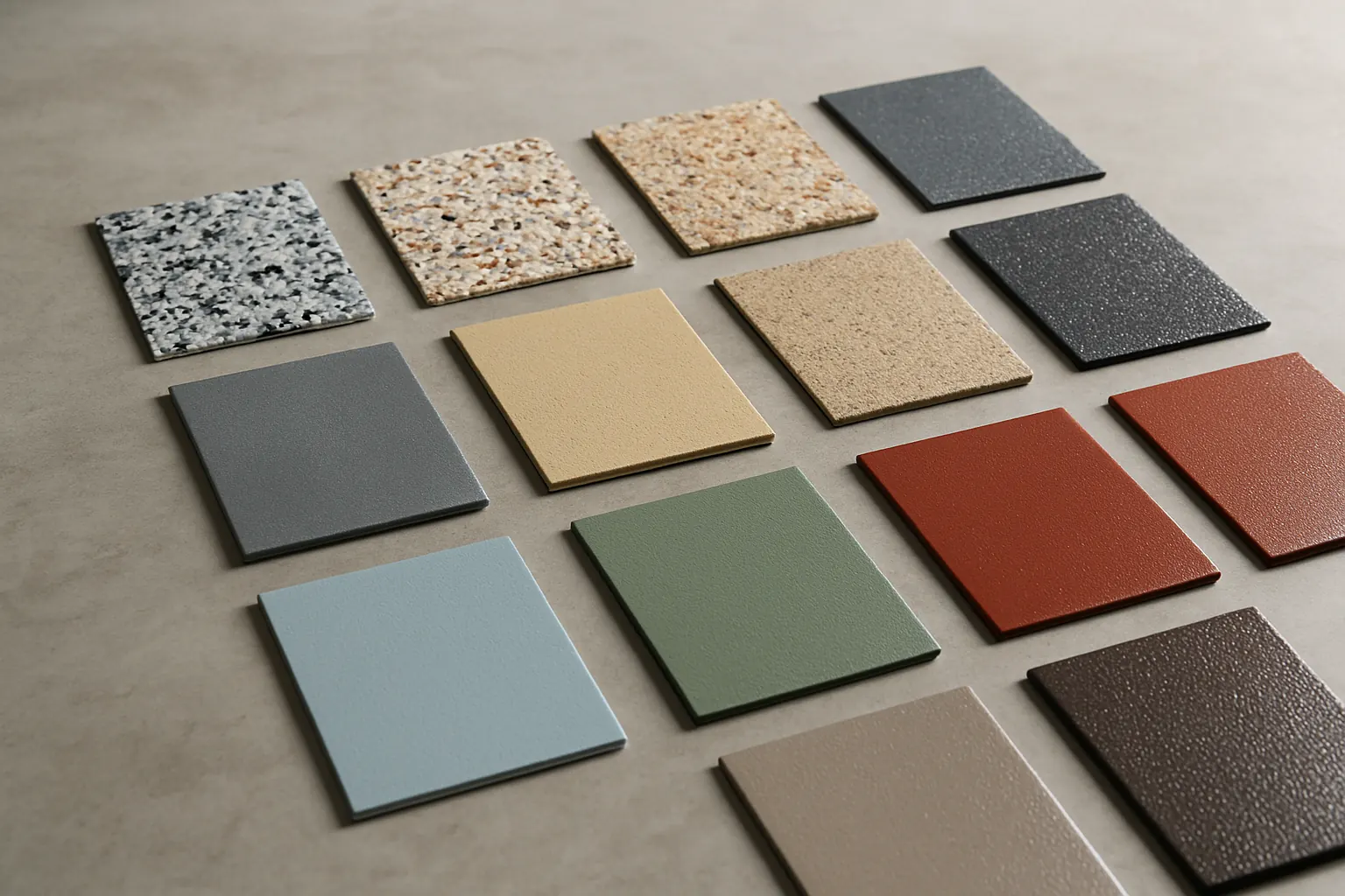 Coating system samples and color chips on a concrete floor