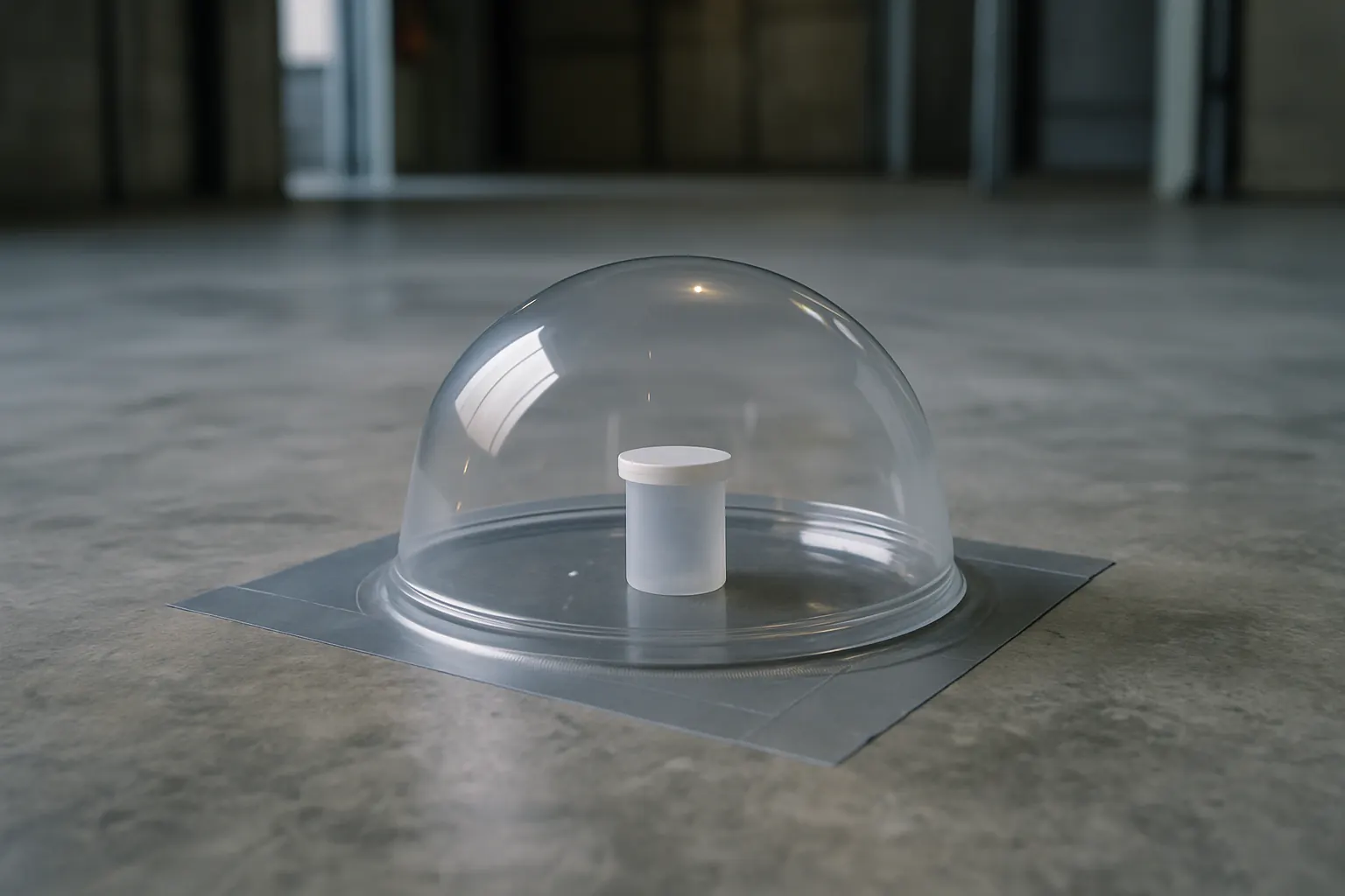 Calcium chloride moisture test kit on a bare concrete floor