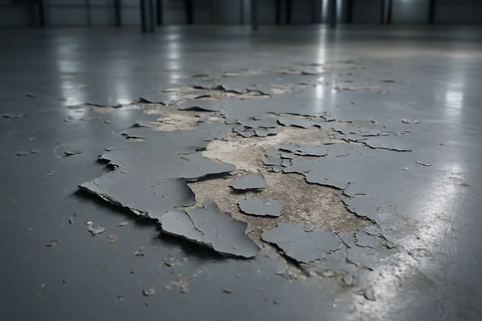 Failed epoxy floor coating peeling away from a concrete substrate