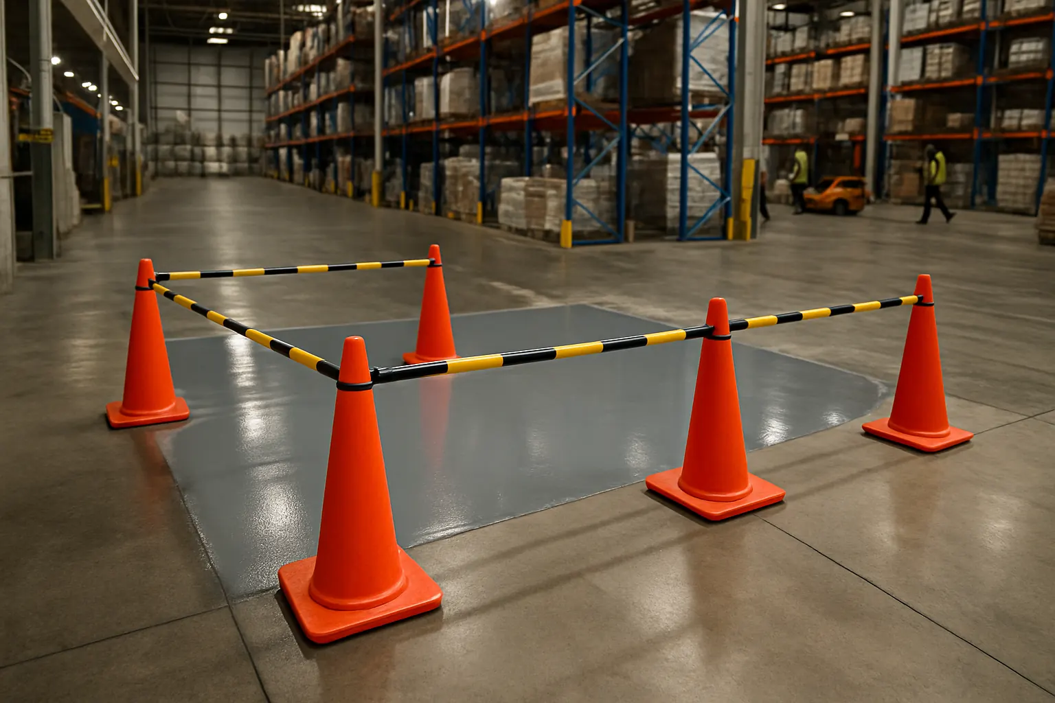 Sectioned-off area of a working warehouse during floor installation