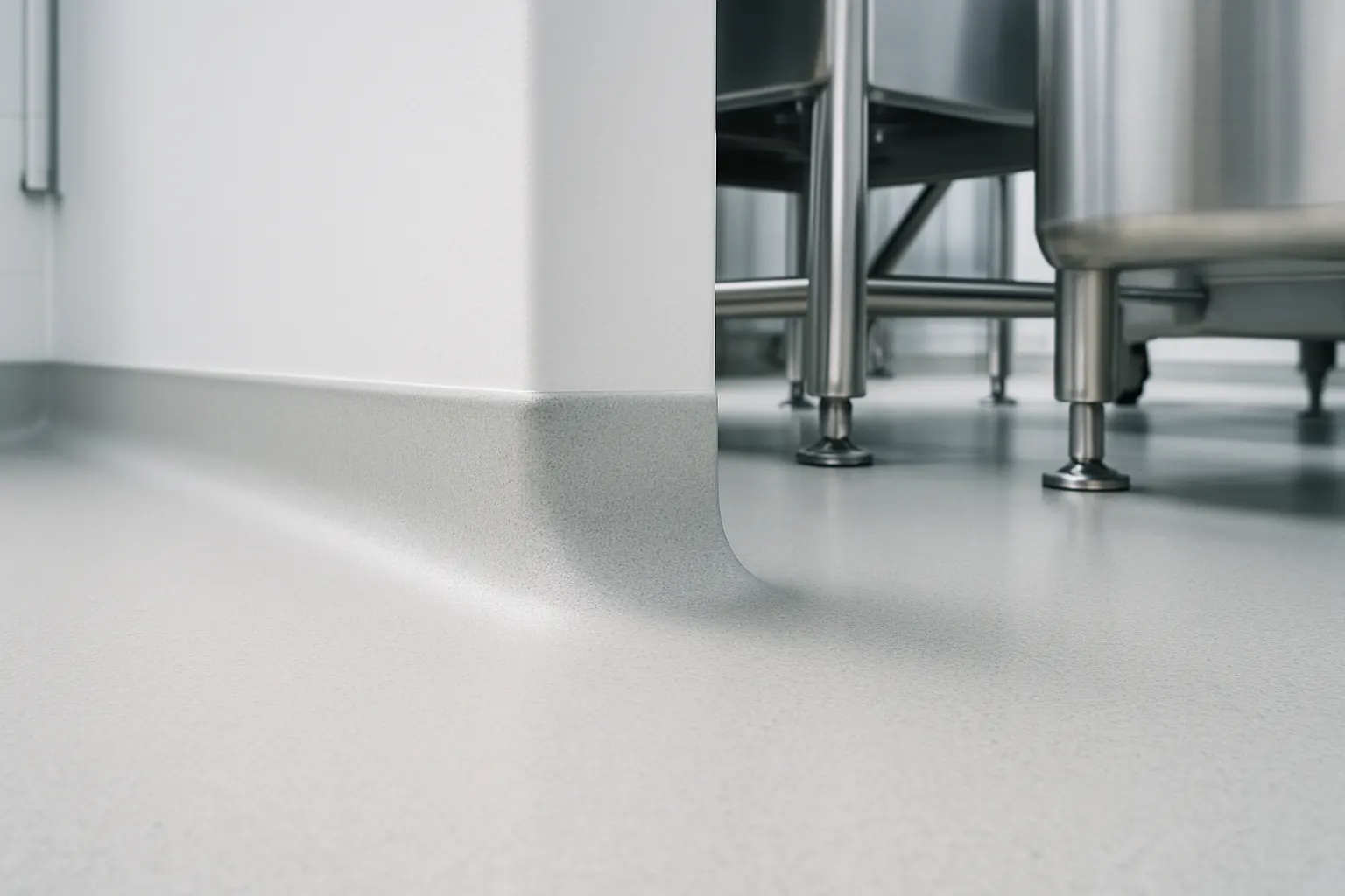 Integral coved base where a floor curves up the wall