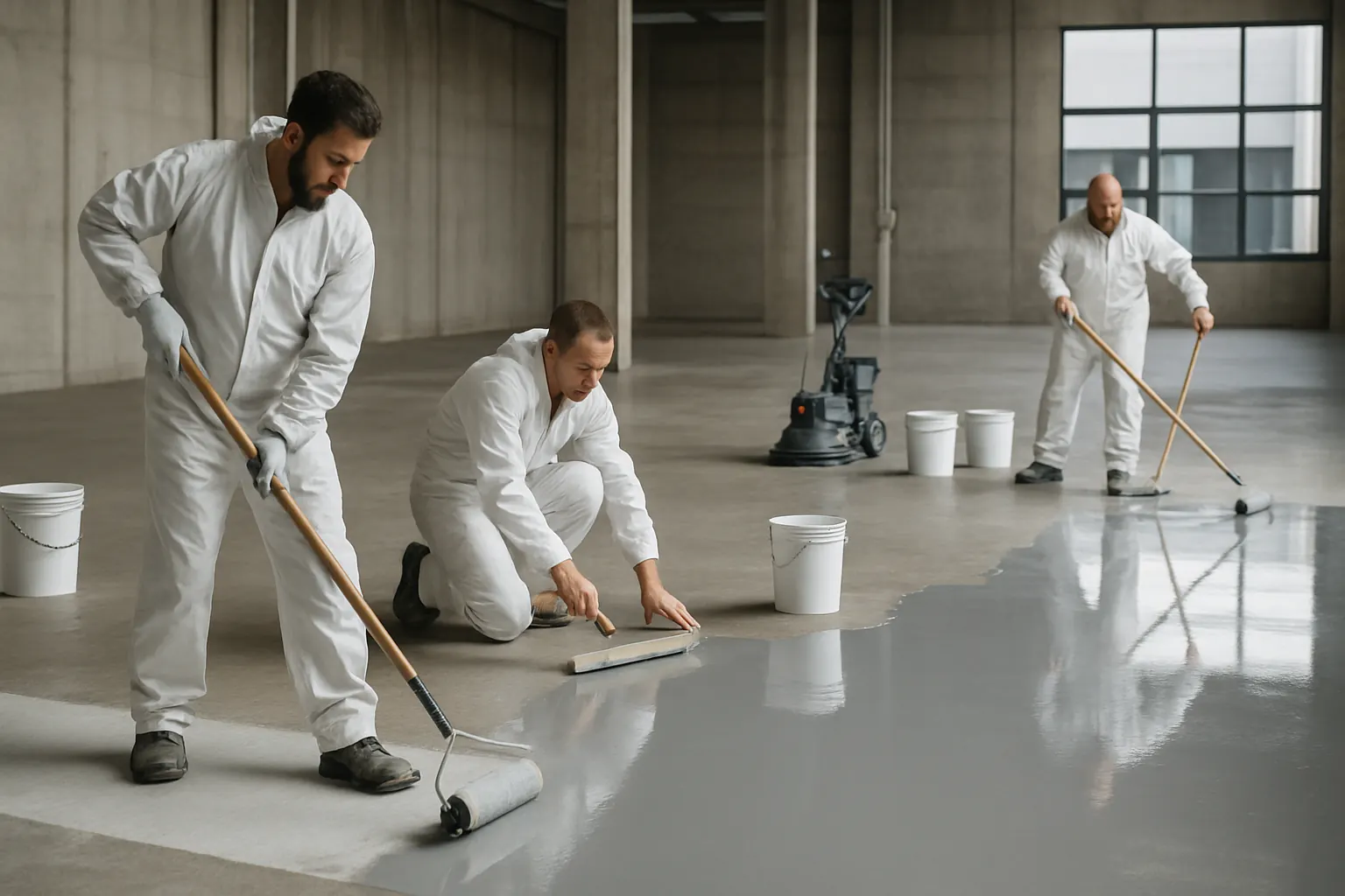 Epoxy installation crew working in stages across a floor