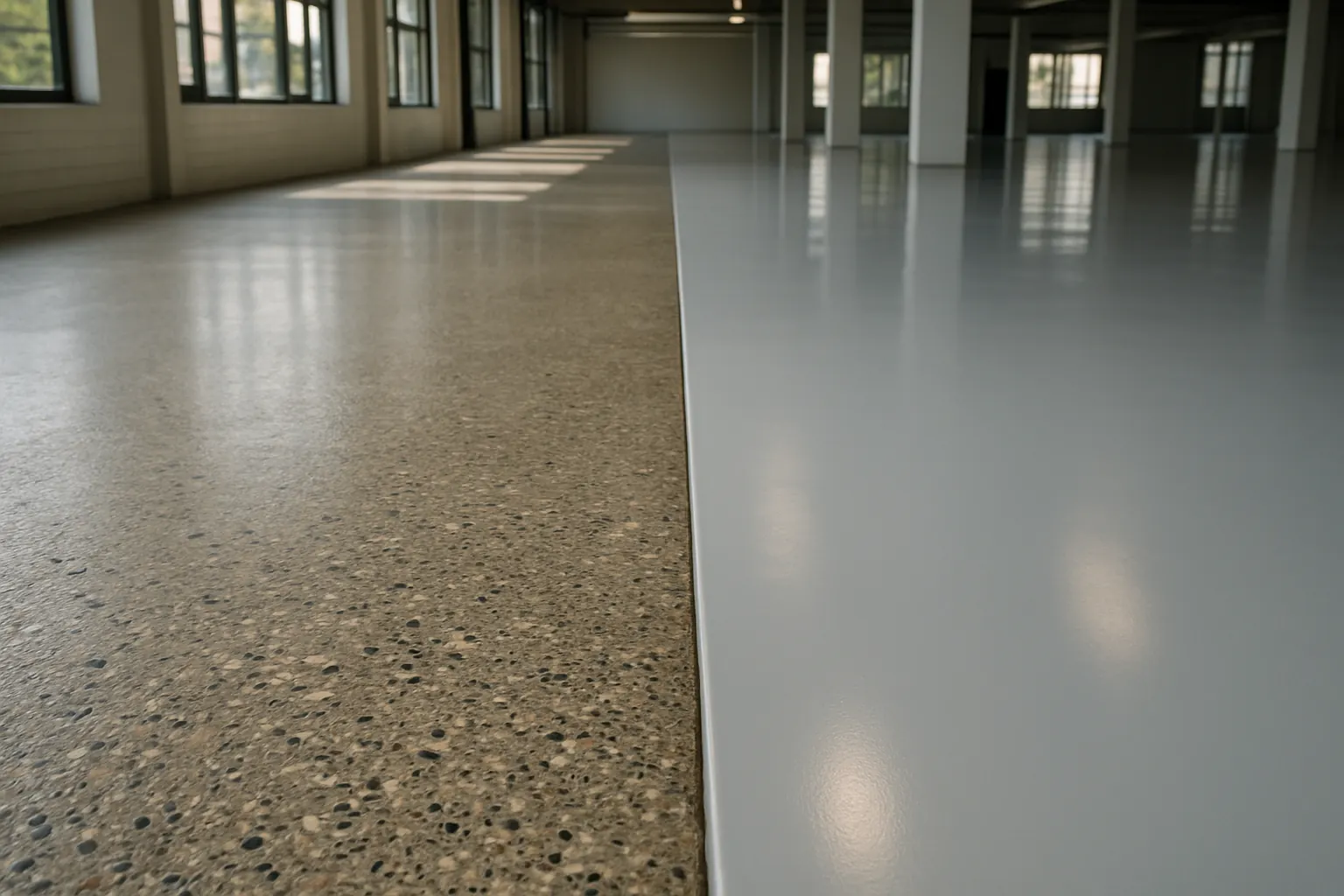 Polished concrete floor next to a coated floor