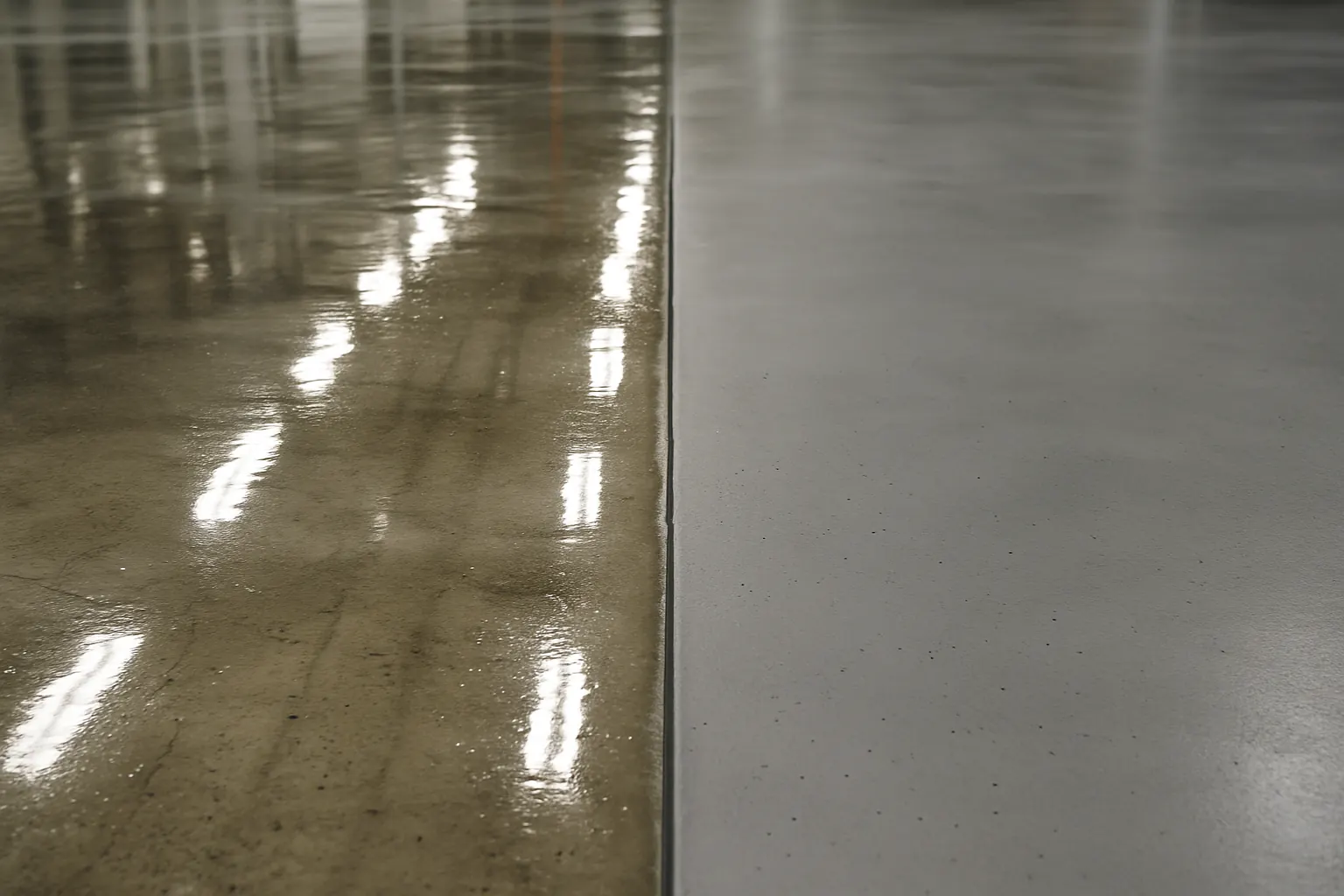 Side-by-side comparison of two coating finishes on concrete
