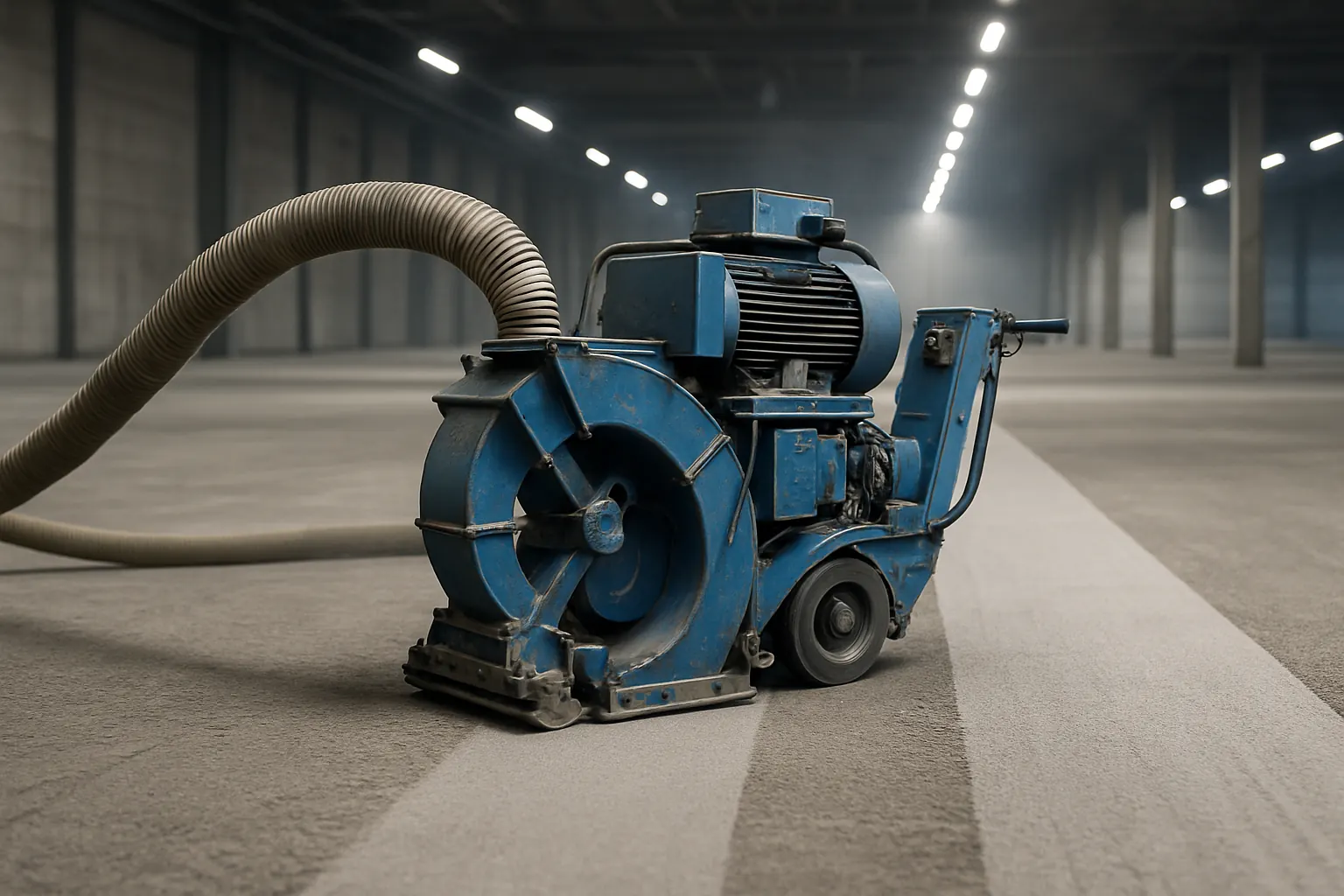 Shot blasting machine profiling a concrete floor