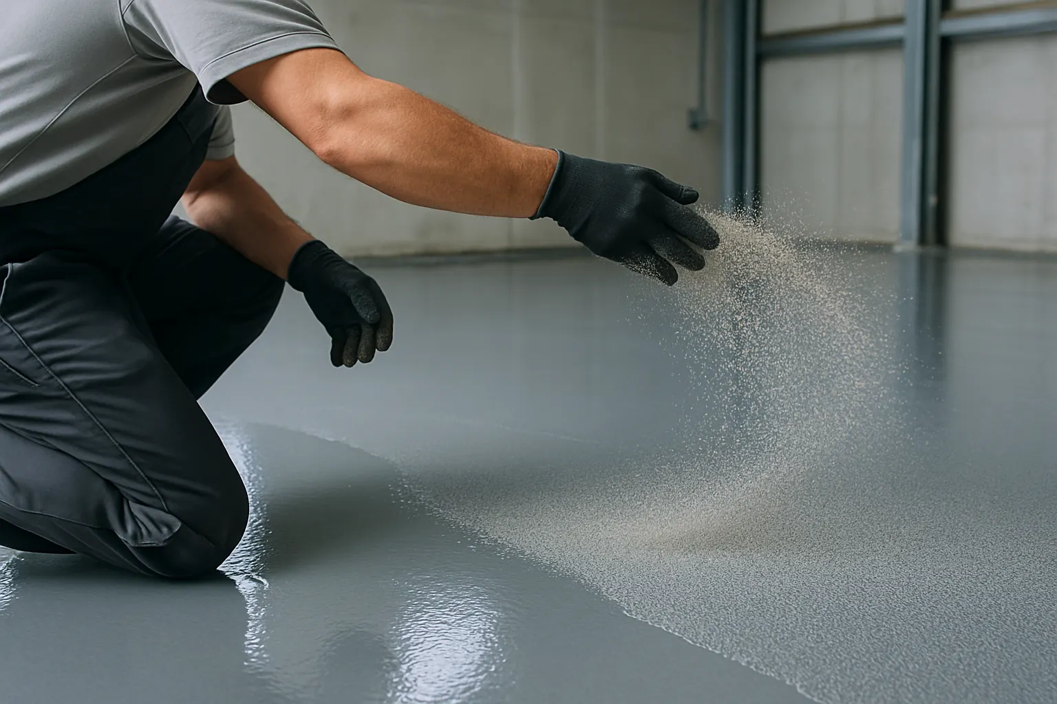 Broadcasting anti-slip aggregate into a wet epoxy coating