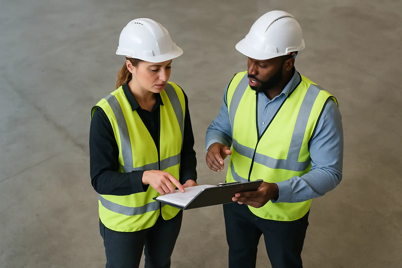 Contractor reviewing a floor specification with a facility manager