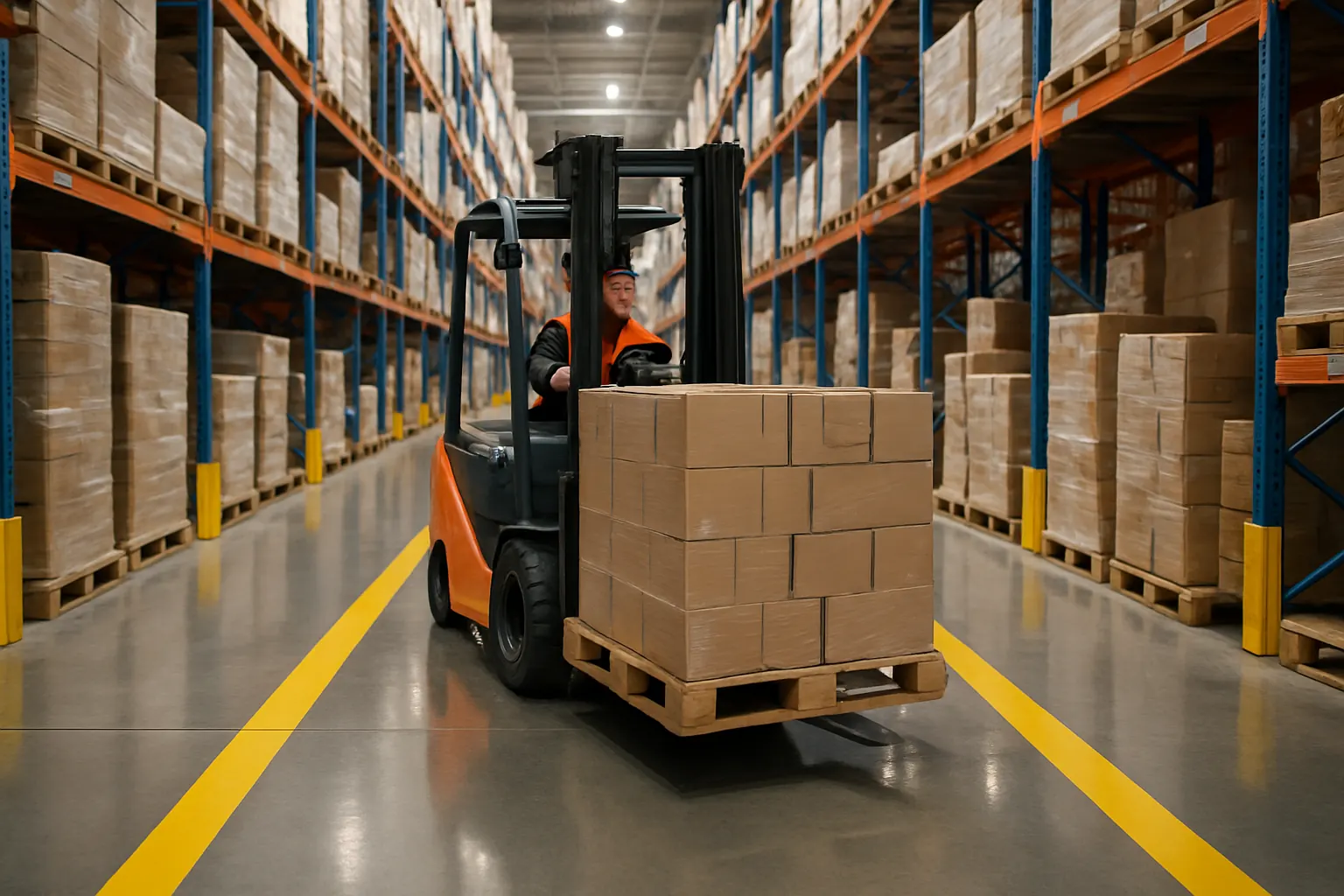 Forklift operating on a coated warehouse floor with safety striping