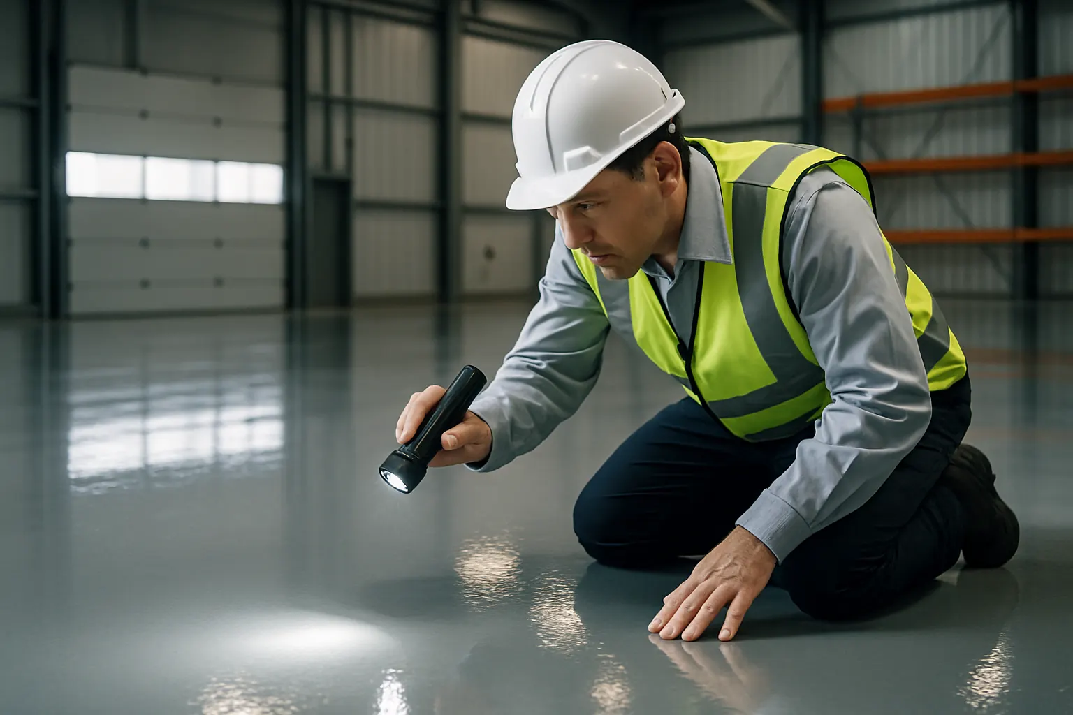Inspector examining a finished epoxy floor surface