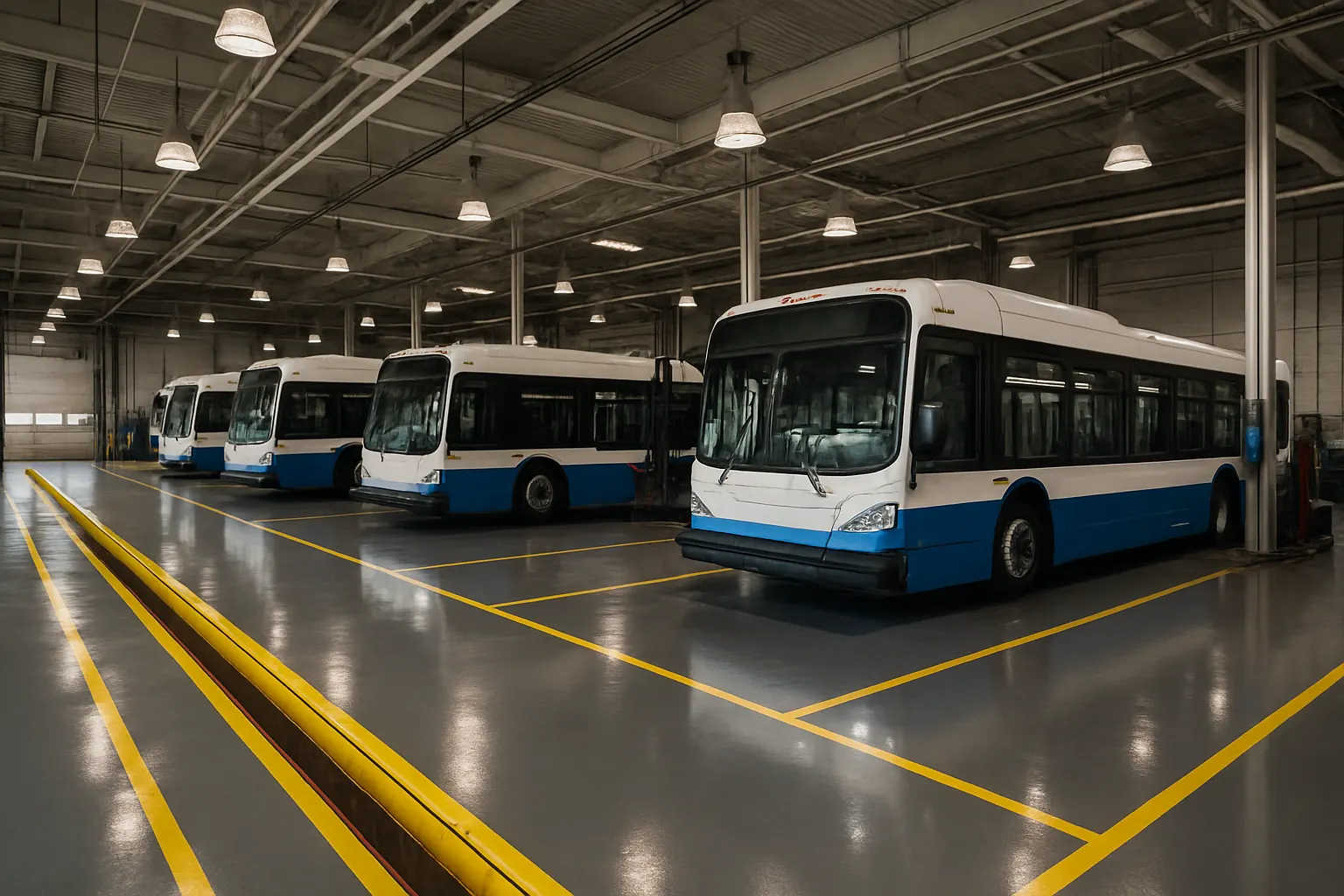 Heavy-duty epoxy floor in a transit bus maintenance depot