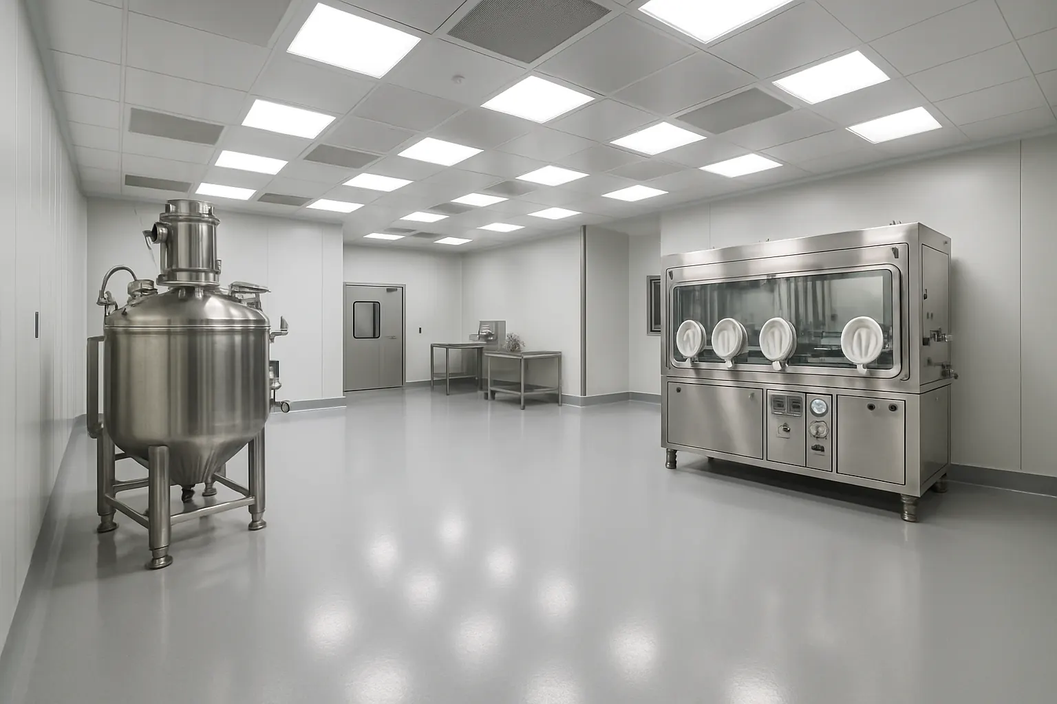Seamless cleanroom epoxy floor with coved base in a pharmaceutical facility
