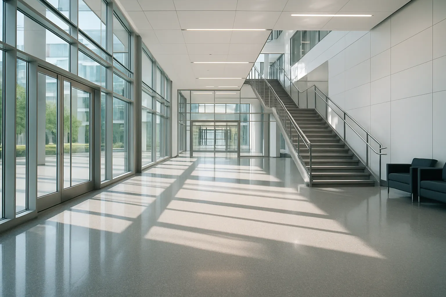 Wide modern commercial building interior with a resin floor