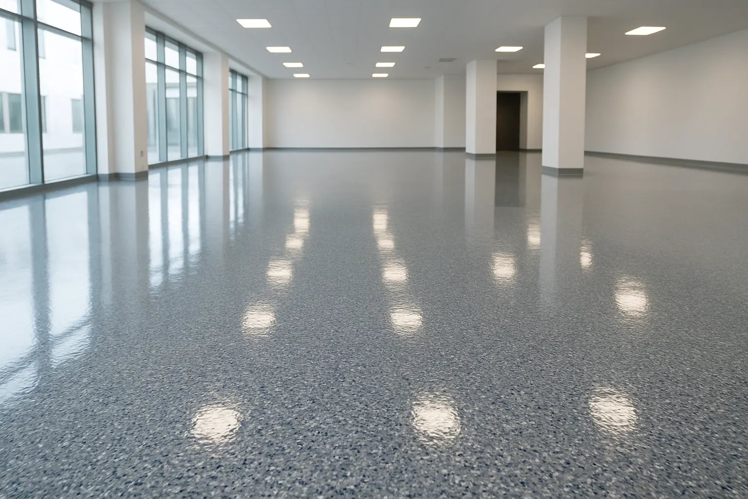 Decorative flake epoxy floor system in a commercial space
