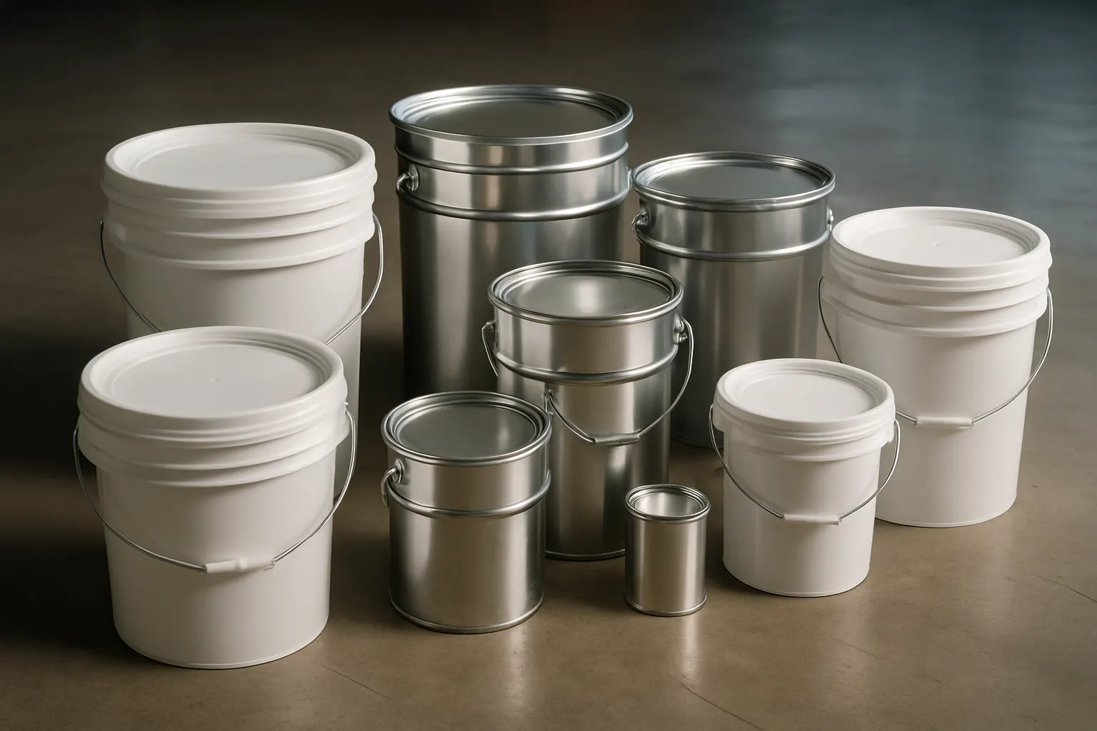 Industrial epoxy coating product pails in a warehouse