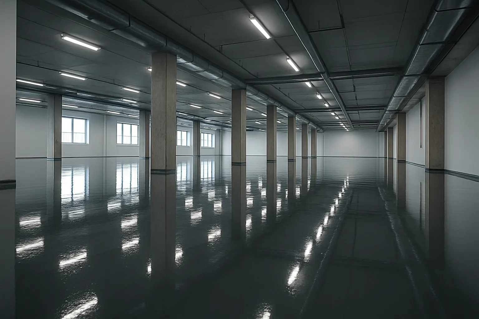Mirror-gloss epoxy floor finish in a commercial building