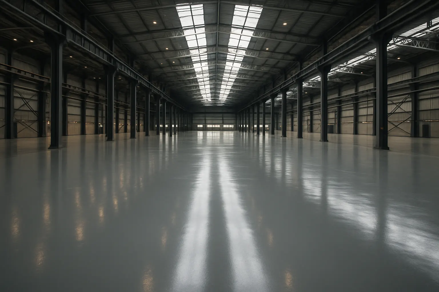 Wide industrial facility interior with a coated concrete floor